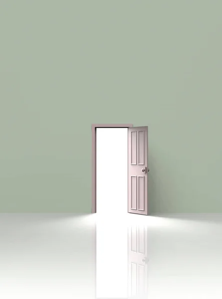 open door with light on olive wall background