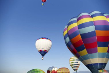 Güneşli bir günde gökyüzünde uçuşan renkli sıcak hava balonları 