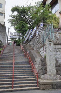 Taş duvarın ve yeşil ağacın yanında yükselen uzun taş merdiven.