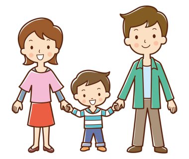 Aile ve tatlı çocuk el ele tutuşuyor.