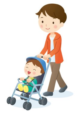 Bebek arabasında bebekle dolaşan baba çizgi filminin sevimli bir çizimi.