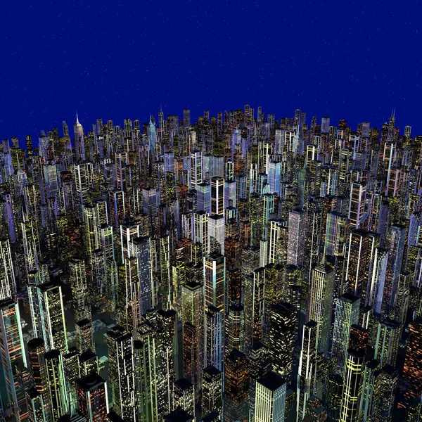 Mavi arka planda yüksek gökdelenleri olan şehrin 3D illüstrasyonu 