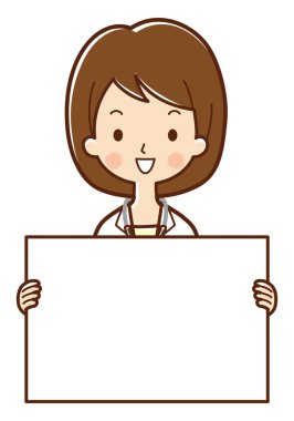 Çizgi filmdeki kadın doktor elinde beyaz boş bir pankart tutuyor.