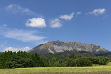 Yeşil dağ manzarası ve çimenli çimenler, Japonya
