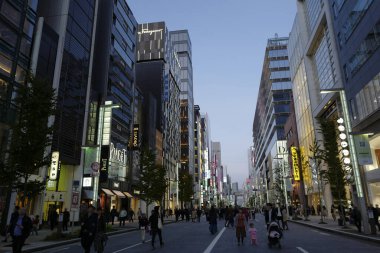 Tokyo şehrinin modern mimarisi Alacakaranlık zamanı, Japonya 
