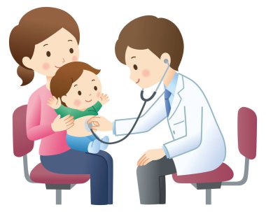 Doktor, annesinin kucağında steteskopla oturan küçük kızı muayene ediyor. resimleme