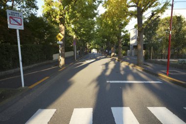 Boş yaya geçidi manzarası, zebra şehirde yolda çizilmiş.