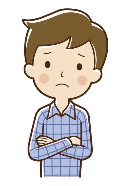 cartoon sad boy with folded arms over white background