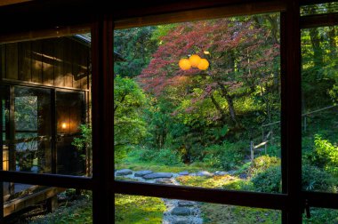 Japon çardağından canlı sonbahar ağaçları görünüyor