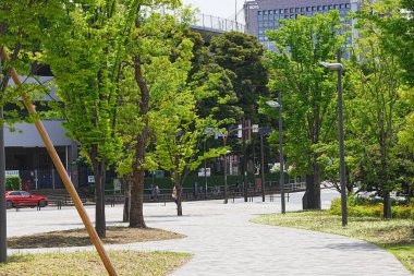 SHINJUKU ŞEHRİ, TOKYO, JAPAN - 30 Eylül 2019: 2020 Olimpiyatları için inşa halindeki Tokyo Yeni Ulusal Stadyumunun kısmi manzarası 