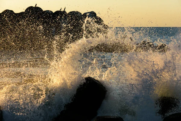 Schöne Plätschernde Wellen Bei Sonnenuntergang Der Meeresküste — Stockfoto