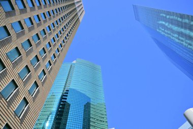 Şehirdeki modern ofis binaları, güneşli bir günde gökdelenler 