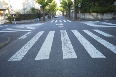 Boş yaya geçidi manzarası, zebra şehirde yolda çizilmiş.