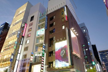 Tokyo şehrinin modern mimarisi Alacakaranlık zamanı, Japonya 