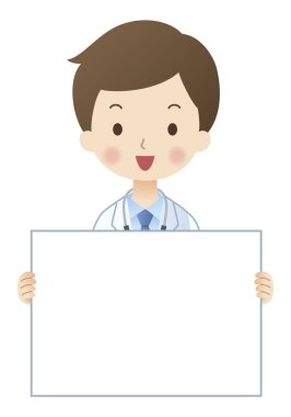 beyaz arkaplanda tahta simgesi olan karikatür erkek doktoru