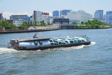 Tokyo şehir manzarası ile tekne ve nehir, Japonya