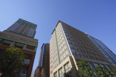 Şehirdeki modern ofis binaları, güneşli bir günde gökdelenler 