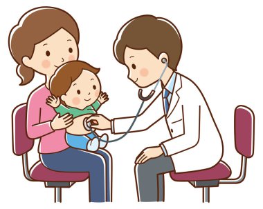 Doktor, annesinin kucağında otururken steteskoplu küçük bir kızı muayene ediyor. 