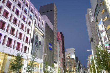 Tokyo şehrinin modern mimarisi Alacakaranlık zamanı, Japonya 