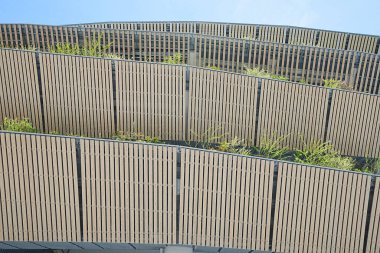 Yatay çizgiler ve yeşillik içeren modern yapı cephesi