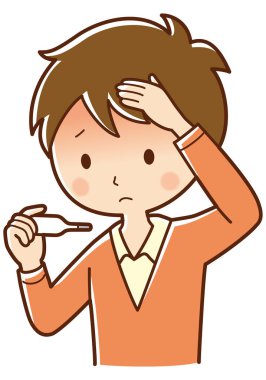 Beyaz arka planda termometresi olan hasta çocuk illüstrasyonu 