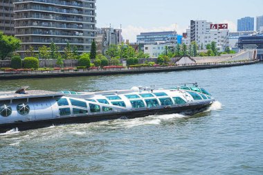Tokyo şehir manzarası ile tekne ve nehir, Japonya
