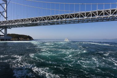 Deniz ve mavi gökyüzü üzerindeki modern köprünün alçak açılı görüntüsü              