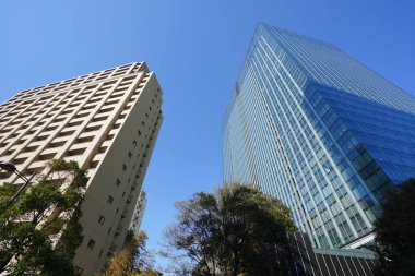 Şehirdeki modern ofis binaları, güneşli bir günde gökdelenler 