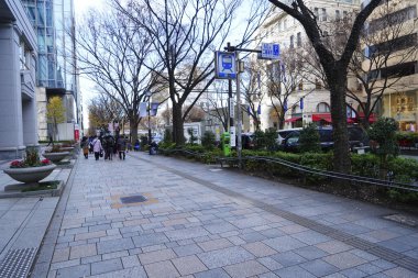 Tokyo 'daki eski binalarla sokakta yürüyen insanlar.