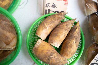 Japon pazarında çiğ bambu filizlerine yakın çekim