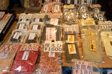 Closeup of fresh seafood on stall in Japanese food market