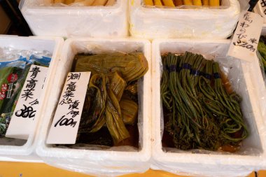 Tokyo, Japonya 'daki Tsukiji balık pazarındaki sebze tezgahındaki yosunlar