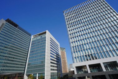 Şehirdeki modern ofis binaları, güneşli bir günde gökdelenler 