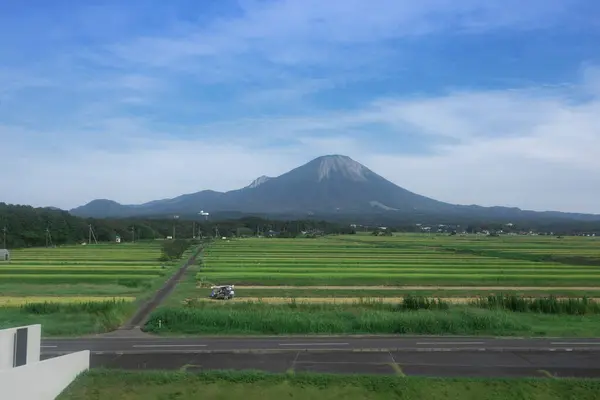 日本の富士山と緑の芝生の美しい風景 — ストック写真