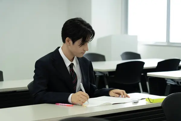Japanese male school student studying in classroom