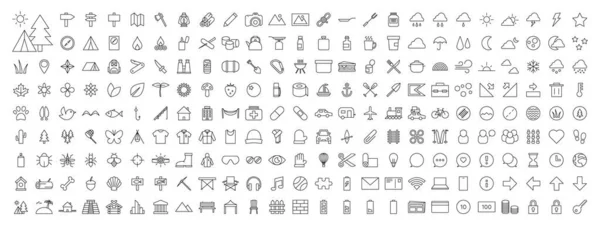 Seyahat simgeleri kümesi, ince çizgi biçimi, vektör illüstrasyonu