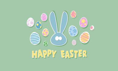 happy easter greeting card with bunny and eggs on green background. vector illustration