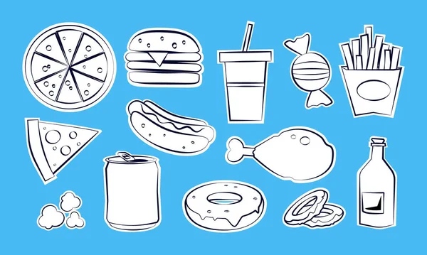 Cartoony Comic Stickers Collection Fast Food Icon Set — Stock Vector