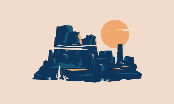 Desert Prairie Dağı Rock Rock Sun Doğa Manzarası Logosu Retro — Stok Vektör