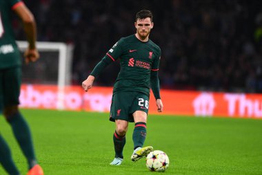 NETHERLANDS, AMSTERDAM - 26 Ekim 2022 Andrew Robertson. UEFA Şampiyonlar Ligi maçı Ajax Liverpool 'a karşı