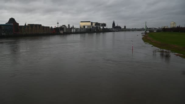 Колонья Германия Января 2023 Рейн Кёльне Затопленный Уровень Рейнской Воды — стоковое видео