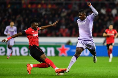 LEVERKUSEN, GERMANY - 16.02.23: Edmond Tapsoba vs Breel Embolo. The match of match UEFA Europa League Bayer 04 Leverkusen vs AS Monaco FC at Bayarena