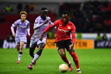LEVERKUSEN, GERMANY - 16.02.23: Callum Hudson-Odoi vs Krepin Diatta. The match of match UEFA Europa League Bayer 04 Leverkusen vs AS Monaco FC at Bayarena