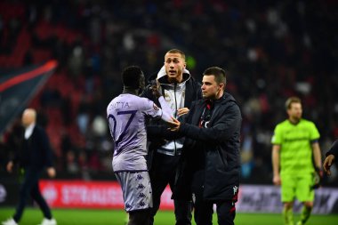 LEVERKUSEN, GERMANY - 17.02.23: Conflict. The match of match UEFA Europa League Bayer 04 Leverkusen vs AS Monaco FC at Bayarena