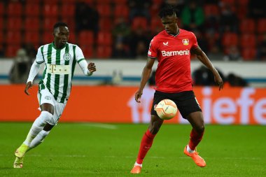 LEVERKUSEN, ALMANY - 09.03.23: Odilon Kossounou. Maç UEFA Avrupa Ligi Bayer 04 Leverkusen ile Ferencvaros Budapeşte arasında oynanacak.
