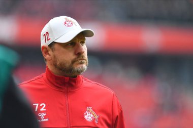 COLOGNE, ALMANY - 02.04.23: Steffen Baumgart, Bundesliga 1 'in futbol maçı. FC Koeln, Borussia Moenchengladbach 'a karşı. Rhein Enerji Stadyumunda