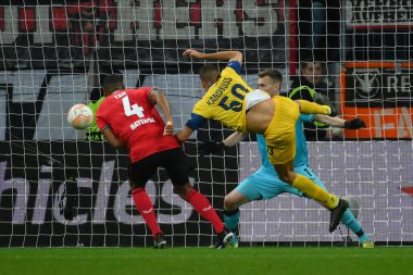 LEVERKUSEN, ALMANY - 13.04.23 Ismael Kandouss. Maç UEFA Avrupa Ligi Bayer 04 Leverkusen, Bayarena 'da Royale Union Saint-Gilloise' e karşı.