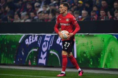 LEVERKUSEN, ALMANY - 13.04.23 Florian Wirtz. Maç UEFA Avrupa Ligi Bayer 04 Leverkusen, Bayarena 'da Royale Union Saint-Gilloise' e karşı.