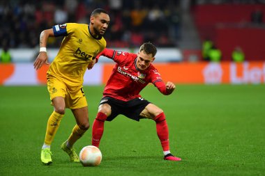 LEVERKUSEN, ALMANY - 13.04.23 Florian Wirtz. Maç UEFA Avrupa Ligi Bayer 04 Leverkusen, Bayarena 'da Royale Union Saint-Gilloise' e karşı.