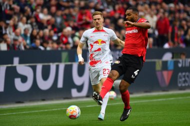 LEVERKUSEN, ALMANY - 23.04.23: Marcel Halstenberg. Bundesliga maçı Bayer 04 Leverkusen, Bayarena 'da Red Bull Leipzig' e karşı.